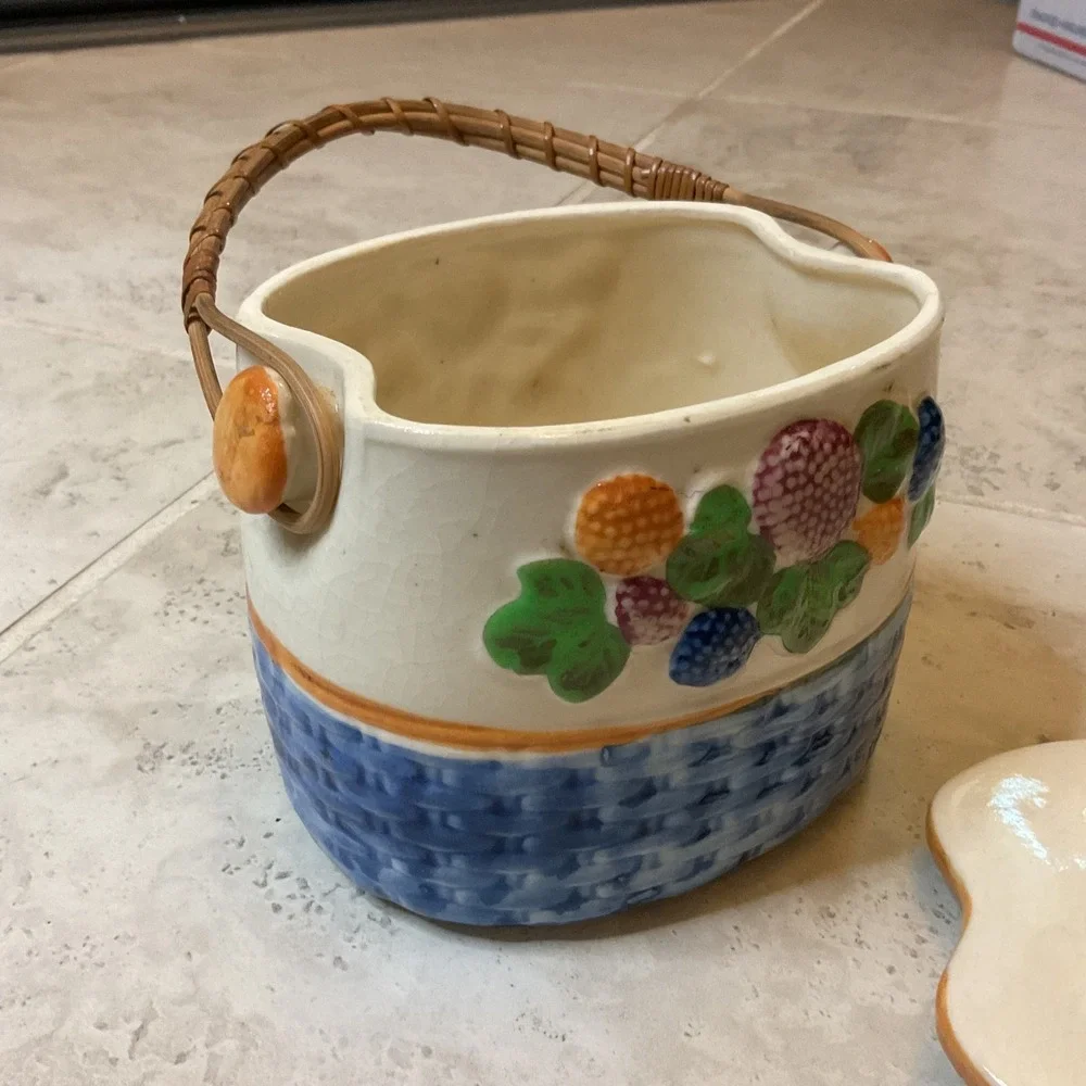 Vintage Ceramic Berry Basket Cookie Jar Made in Japan Wicker Handle Hand Painted